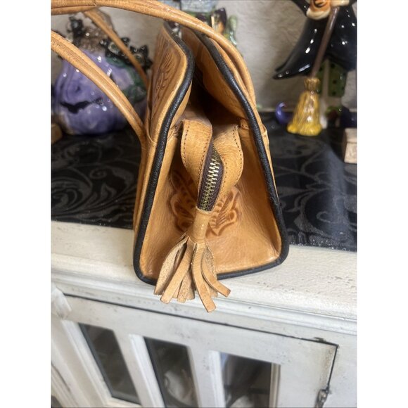 Vintage Corvi Piel Mexico Hand Tooled Aztec Calendar Floral Leather Handbag - Picture 6 of 16